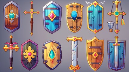 Wall Mural - Several cartoon fantasy medieval shields with swords made of wood and metal, ornamented with gems. The set also includes a set of knight ammo, wooden or iron guard screens, UI design elements, and