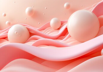 Poster - A 3D illustration of soft pink waves and glossy spheres, creating a serene and artistic design