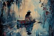 Traditional Asian boatman navigating a foggy marsh with ethereal trees and floral elements inviting intrigue