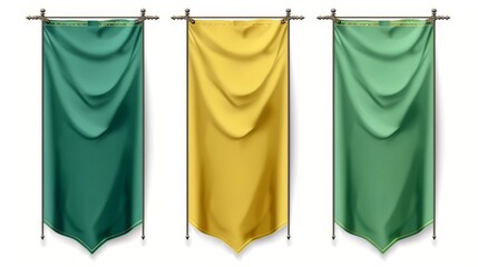 Poster - Modern realistic template of fabric promotion posters and advertising striped canvas pennants hanging on a metal frame and stand.