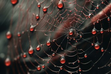 Damp Spider poison web water drops. Risk detail network spooky. Generate Ai