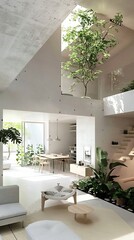 Poster - A spacious, well-lit minimalist interior design with green trees growing inside the white, modern house