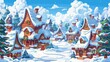 A winter village landscape with houses covered in snow and Christmas decorations on trees. Cartoon modern illustration of a cozy settlement surrounded by forest in blue skies. Background for holiday