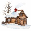 A charming watercolor painting of a rustic log cabin covered in winter snow, Clipart minimal watercolor isolated on white background
