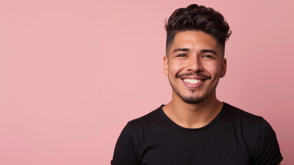 A man with a black shirt and a beard is smiling at the camera