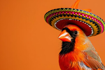 Poster - a cardinal bird dressed in mexican sombrero hat and clothing studio shot