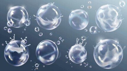 Poster - An animated set of bubble bursts isolated on a transparent background. Modern illustration of soap water balls exploding with drops splashing and disappearing in the air.