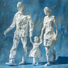 Wall Mural - Figures of a woman, man and child walking together holding hands, made of crumpled paper on a blue background, happy family, unusual creative illustration of family values