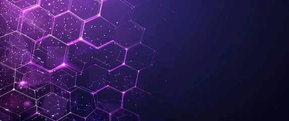 Canvas Print - Deep purple background with a network of interconnected hexagonal shapes with pink accents, symbolizing connectivity and data