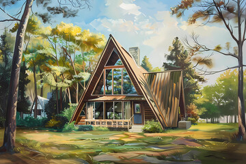 Wall Mural - A-Frame Style House (Oil Painting) - Originated in the United States in the mid-20th century, characterized by a steeply pitched roof that forms an 