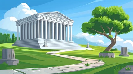 ancient greek pantheon with columns, stairway, grass, and trees on a sunny summer day under a blue s