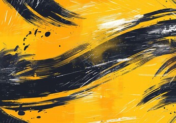 Canvas Print - Artistic abstract background with expressive yellow and black brush strokes and paint splatters