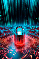 Cybersecurity. padlock on a background of electronic circuits. AI Generated