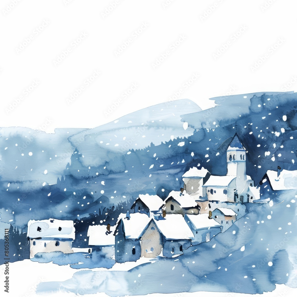 This watercolor painting captures a quiet winter evening with snow ...