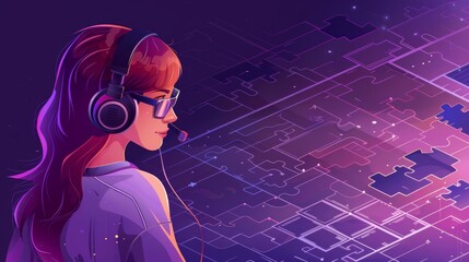 Poster - Modern illustration of female technician with headset or telemarketer over puzzle elements, isolated on purple background.