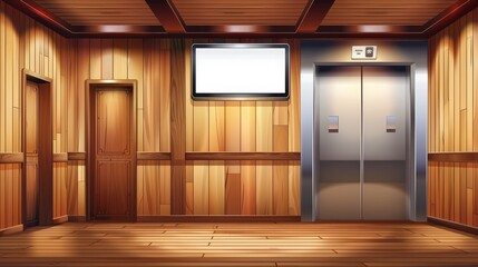Poster - 3D modern illustration of a realistic elevator with open doors and a TV screen on the wall in a modern hotel hallway. Empty lobby interior with lift, wooden floor and blank display, indoor