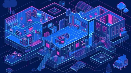 Poster - An internet of things banner display with interface for home control, a modern illustration, a line art landing page.