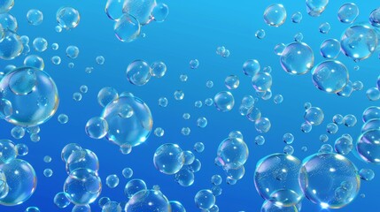 Poster - A realistic 3D modern of a soda bubble, champagne, air fizzing, carbonated drink and underwater abstract background. Innovative animation, transparent aqua with fizzing moisture drops randomly