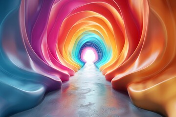 Poster - The image showcases a digital art piece depicting a swirling tunnel in a spectrum of rainbow hues