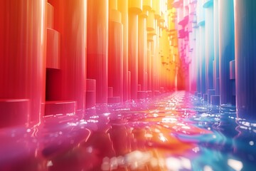 Poster - An image showing colorful reflective pillars standing in shimmering water with a modern and abstract feel