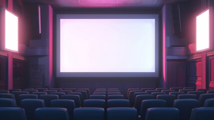 Wall Mural - Movie theater screen, lightbox in movie hall, rows of seats. A white glowing display for video presentation. 3D modern empty plasma panel with realistic lighting and reflections.