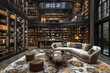 © shafiq - A lavish private library with a reading nook furnished with a comfortable sofa chair, surrounded by floor-to-ceiling bookshelves and rare literary treasures.