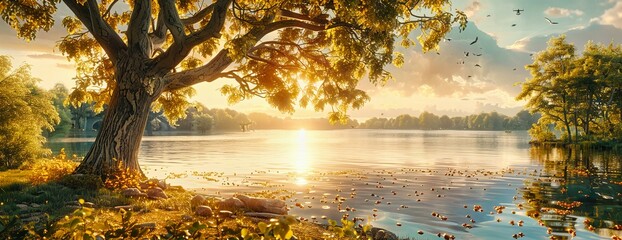 Wall Mural - Serene Lake in Forest, Golden Sunrise with Misty Reflections, Peaceful Natural Scene