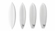 A mockup of a white surfboard for beach activity, surfing on sea waves. Modern realistic mockup of a white surfboard on a white background. Leisure sports equipment isolated on white.