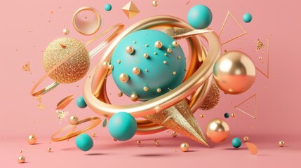 Poster - Modern abstract design with turquoise render figures, cones, pyramids, octahedrons and torus on pink background.