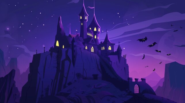 Fantasy Dracula home with pointed tower roofs, glowing windows, and bats flying in dark sky. Dreadful castle on rock at night, haunted gothic palace in mountains, cartoon modern illustration.