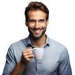© DesignVectX - Cheerful man enjoying a warm beverage, dressed in blue