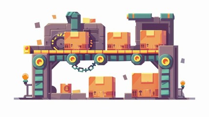 Aufkleber - The conveyor belt with cardboard boxes is at a factory, plant, warehouse, or post office. Isolated on a white background, this illustration shows goods or product packages moving along the conveyor