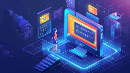 Poster - in this isometric landing page, a tiny woman pushes a sign up button and enters her password. she is