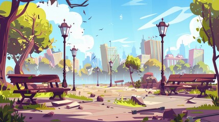 Wall Mural - A destroyed city park with broken benches, a crushed asphalt path, and a broken street lamp. Abandoned urban garden perspective view on cityscape background, dilapidated place Cartoon modern