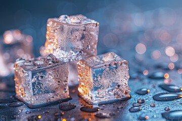 Poster - three clear ice cubes on blue-themed background with water droplets and light bokeh, conveying a sen
