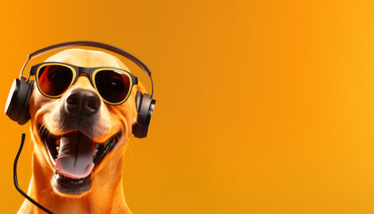 Wall Mural - Cute dog wearing big headphones listens to music against yellow background with copy space, sound therapy concept for animals