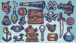 Pirate cannon, treasure chest, flag with Jolly Roger and rum bottle. Smoking pipe with skull, captain's cocked hat, gun and anchor with parrot, cartoon modern patches.