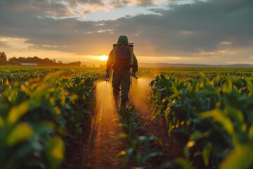 Wall Mural - A lone hiker with a backpack treks along a path through lush corn plants, illuminated by a warm, radiant sunset in the countryside