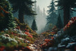  Misty landscape featuring a fir forest in a vintage retro aesthetic 