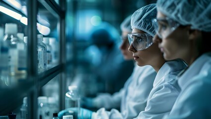 Wall Mural - Monitoring Pharmaceutical Production: Employees in Lab Coats and Protective Gear. Concept Pharmaceutical Production, Lab Coats, Protective Gear, Employee Safety, Quality Control