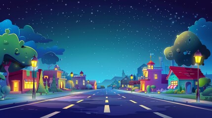 Poster - At night, a road leads to city with offices, shops, houses, and street lights all over the city. Modern cartoon urban landscape with empty streets, town buildings, and street lights.