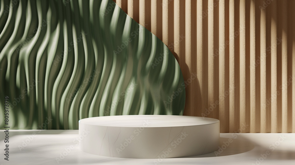 Cylinder podium with brown and green wave pattern walls. Mockup marble ...