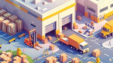 This modern banner depicts a warehouse, a truck, a forklift and cardboard boxes. It is a landing page for storage and distribution logistics with an isometric illustration of a warehouse.