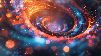 Abstract background with a glowing spiral and energy flow in the style of futuristic digital art, with orange, blue and red colors