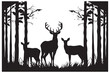 © shopone - Black silhouette of wild forest woods animals deer and forest fir spruce trees
