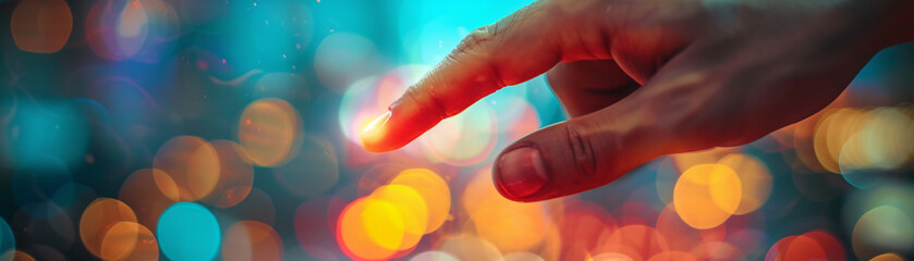 Male index finger with bokeh background. Symbolizes digital connection, interaction, and the interconnectedness of modern technology.