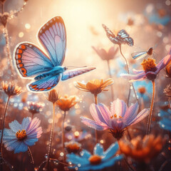 Generative AI view of beautiful butterflies perched on blooming flowers, beautiful flower views blooming in addition to beautiful butterflies, beautiful views of flower plants infested by butterflies