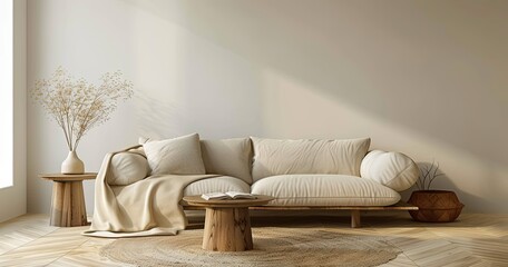 modern interior mockup, a beige sofa with a blanket and a wooden coffee table on a parquet floor near an empty wall background