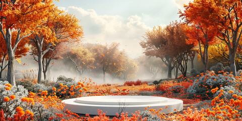 Autumn Season Landscape with Podium in a Misty Orange Park