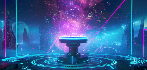 Wall Mural - An illuminated pedestal on a VR gaming platform, surrounded by a vortex of digital particles and neon beams